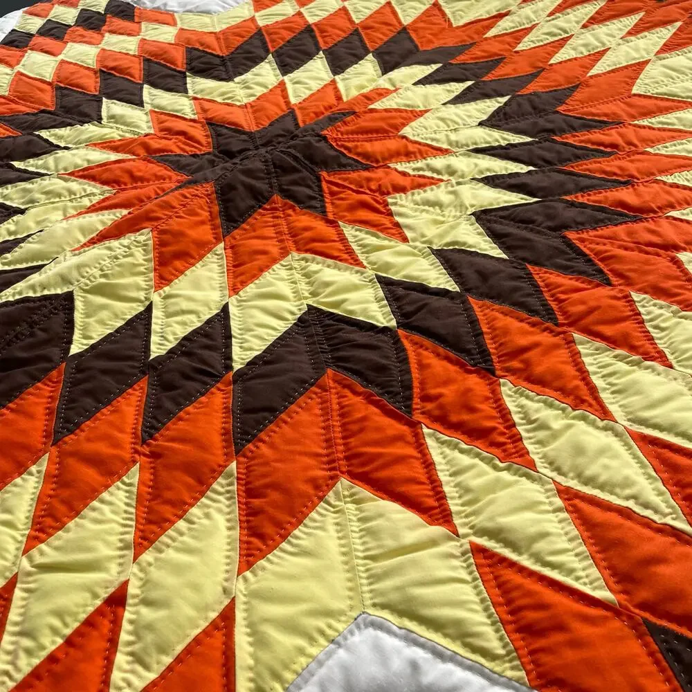 Vintage Handmade Harvest Lone Star Quilt Texas Orange Brown Fall Autumn *READ*